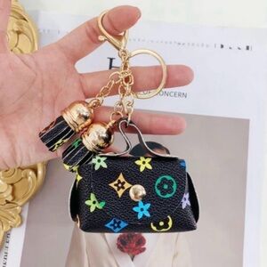 Fashion Jewelry Black Mini Purse Keychain with Multicolor Floral Accents